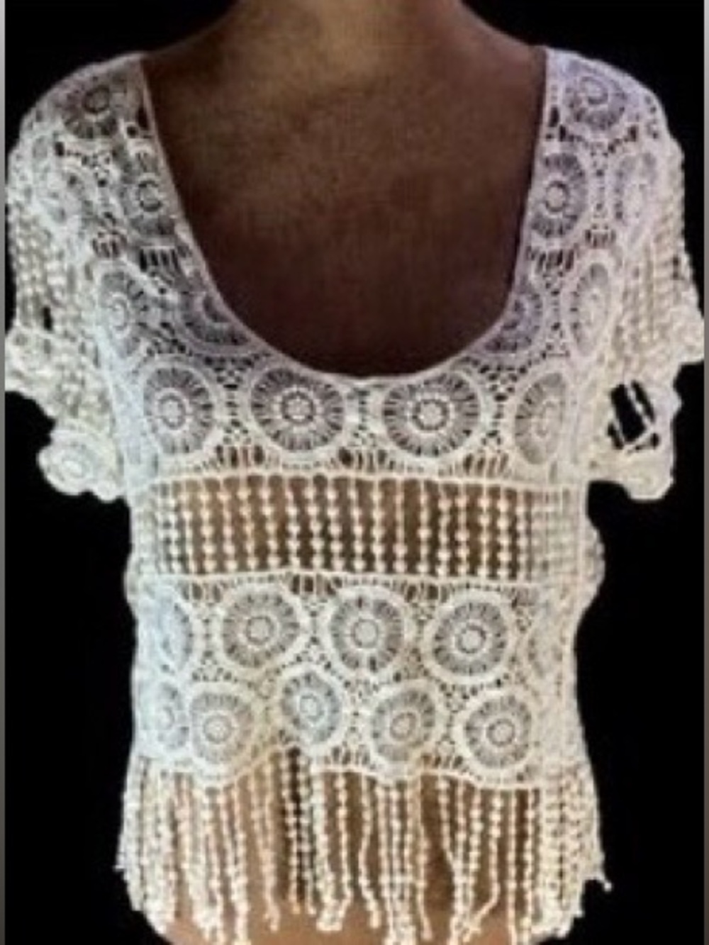 Lace Crochet Fringe Short Sleeve Top - Cream